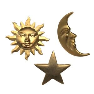 CELESTIAL SUN STAR MOON Gold Tone Pins Brooch Set of 3 Anthropomorphic Retro